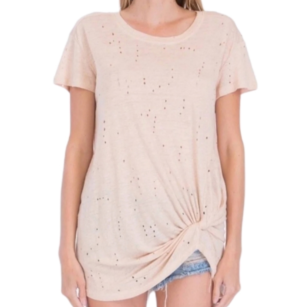 OLIVACEOUS Linen‎ T-Shirt Distressed Knotted Blush Top Relaxed Women's Sz Small
